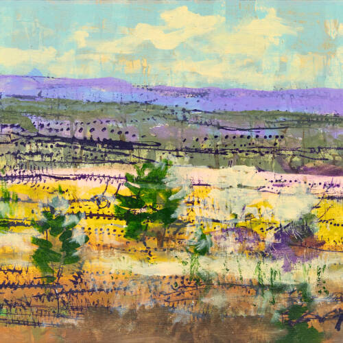 Colorful landscape with many horizontal lines of color including blue, purple, yellow and orange. A few green shrubs throughout.